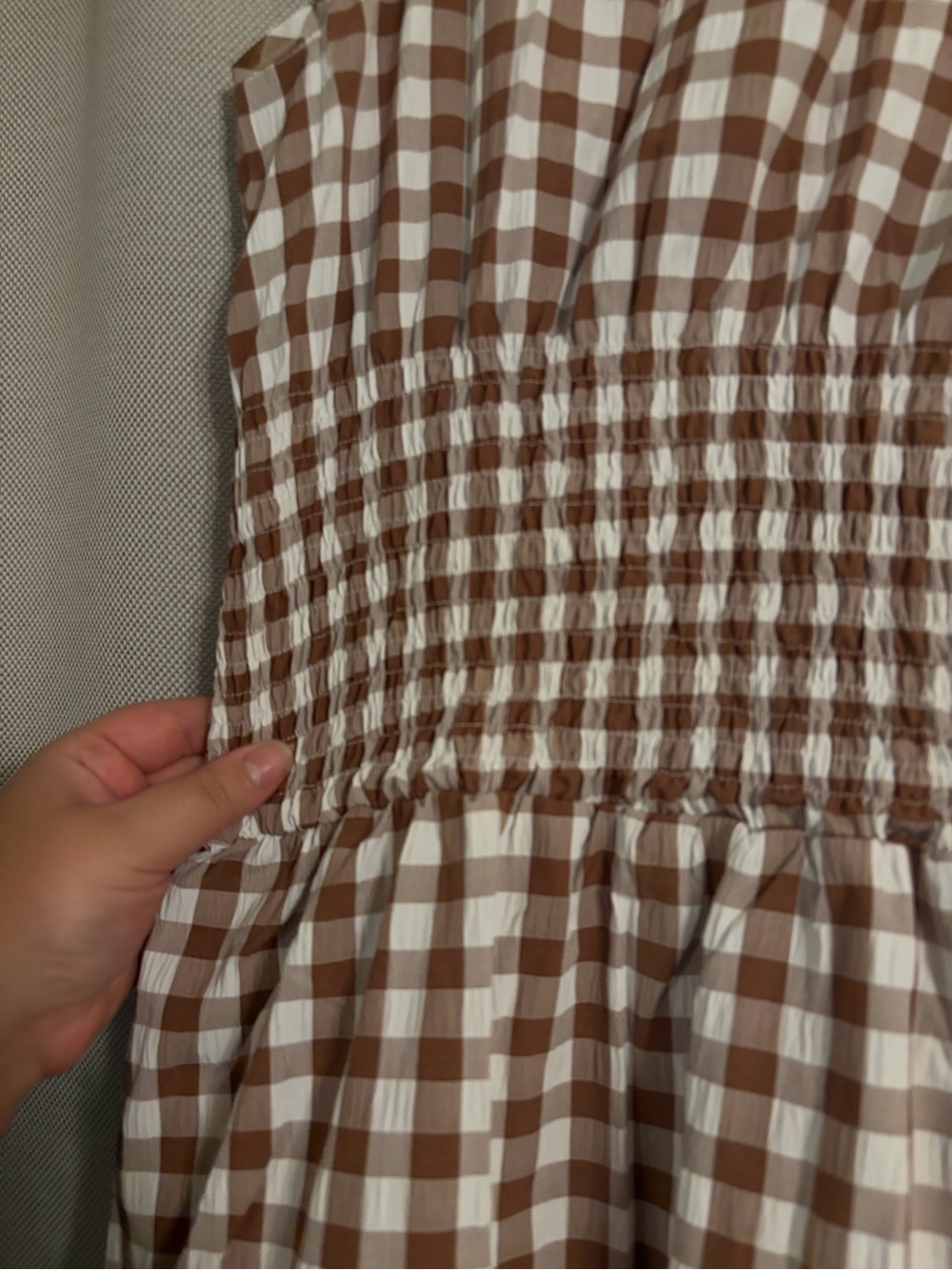 Tie-Shoulder Smocked Midi Dress in Beige Gingham - Picture 7 of 7